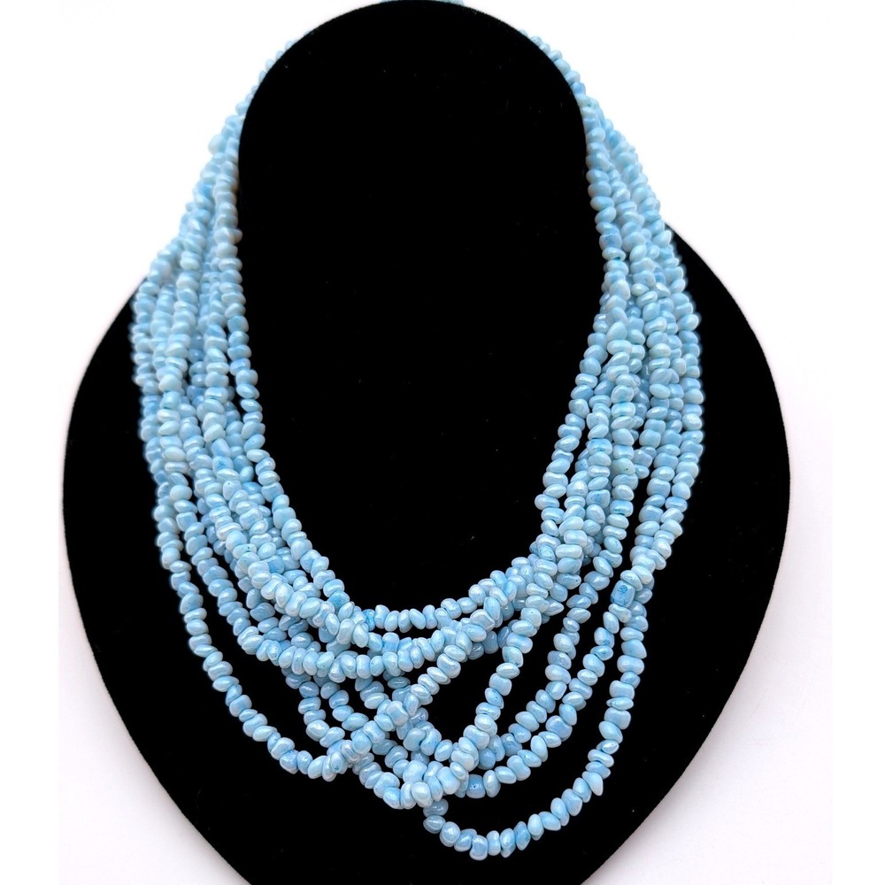 Vintage Multi Strand Blue Beaded Necklace Gold Tone Filigree Box Clasp 15 Inch